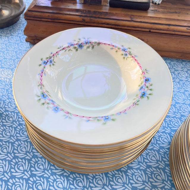 Ceramic 1980s Lenox “Belvidere” vintage fine china // 12 4-piece place settings // blue flowers and pink ribbon with gold rim // wedding gift For Sale - Image 7 of 8