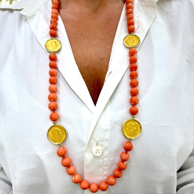 Gold Vintage 18k Yellow Gold 1915 23k Austrian Gold Coin Coral Bead Station Necklace For Sale - Image 8 of 8