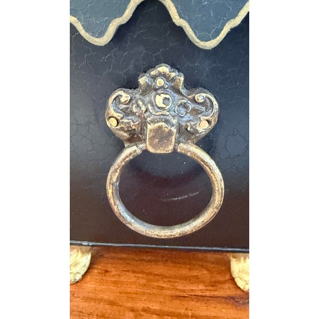Sarreid Ltd. Chinoiserie Style Gilt Decorated Black Tole Box With Scalloped Lid by Sarreid For Sale - Image 4 of 12
