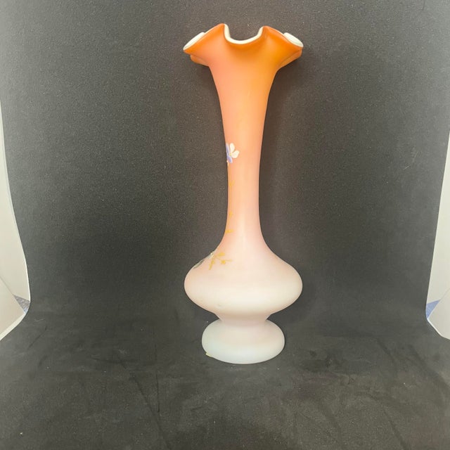 Antique Victorian Satin Peach Art Glass Vase Hand Painted Forget-Me-Nots For Sale - Image 9 of 10