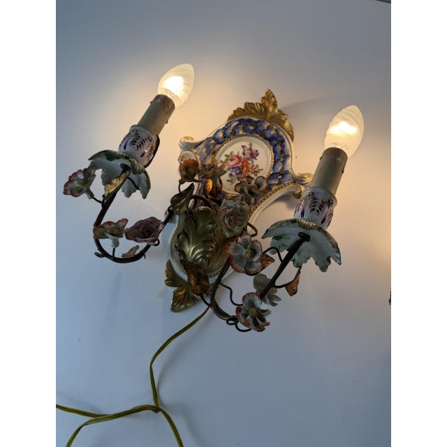 Two-Light Wall Lamps in Wrought Iron and Decorated Porcelain, 1940s, Set of 2 For Sale - Image 10 of 14