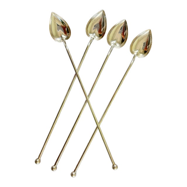 Sterling Silver Highball or Iced Tea Heart Leaf Bowl Stirring Straws, Set of 4 For Sale