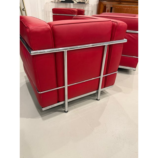 Chrome and Red Leather Club Chairs in the Style of Le Corbusier - A Pair For Sale - Image 9 of 14