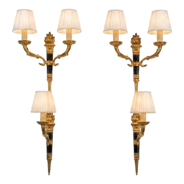 Vintage French Empire Style Torch Wall Sconces in Gilt Bronze