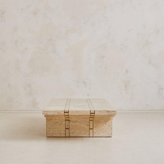 1970s Italian Travertine Veneer Coffee Table with Brass Inlay, 1970s For Sale - Image 5 of 11