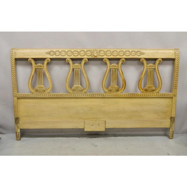 Vintage Italian Neoclassical Style Carved Lyre Harp Wooden King Size Bed Headboard. Item features (4) carved wood harps,...