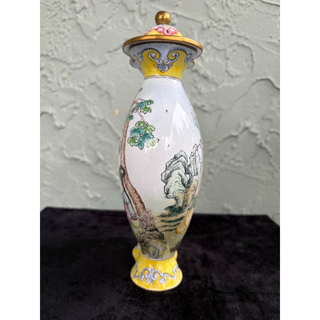 Metal Vintage Chinese Style Enameled Brass Scenic Vase With Double Finial Lid, Hand-Painted Figures For Sale - Image 7 of 12