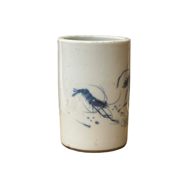 1980s Chinese Distressed White Porcelain Blue Shrimps Graphic Holder Vase For Sale - Image 5 of 9