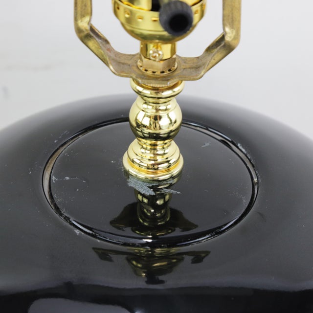 A Pair Early 20th Century Black Monochrome Porcelain Watermelon Jar Table Lamps on Carved Wood Bases For Sale - Image 4 of 15