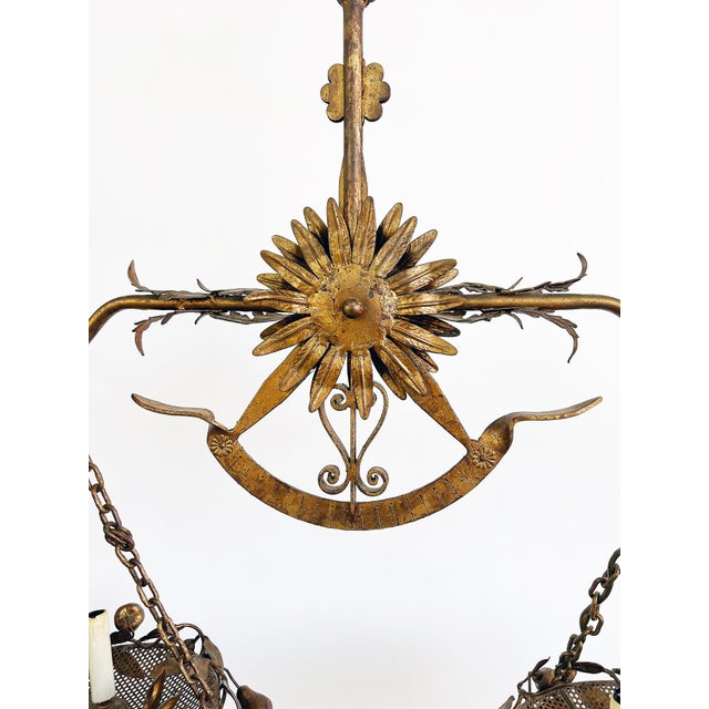Mid 20th Century Italian Gilt Floral Tole Hanging Scales of Justice Chandelier For Sale - Image 4 of 8