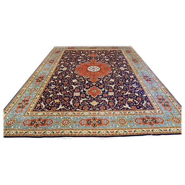 Antique Persian Tabriz Wool 10X13 Navy, Orange & Teal Handmade Area Rug #9902146 For Sale - Image 4 of 7