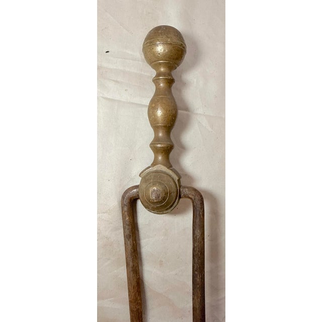 18th Century Antique 18th Century Wrought Iron Turned Brass English Fireplace Tongs Tool 28 For Sale - Image 5 of 10
