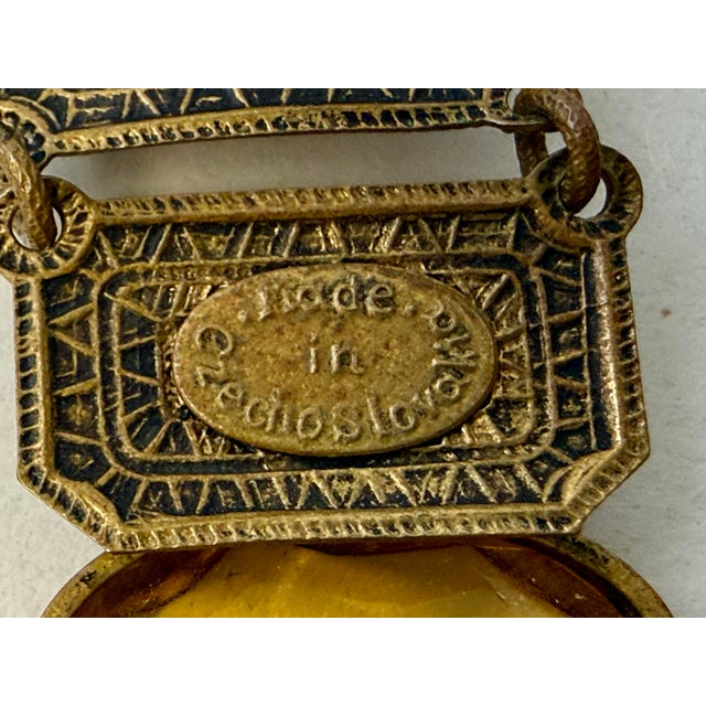 Art Deco Czech Art Deco Bezel Set Citrine Amber Glass Panel Bracelet Signed Antique For Sale - Image 3 of 9
