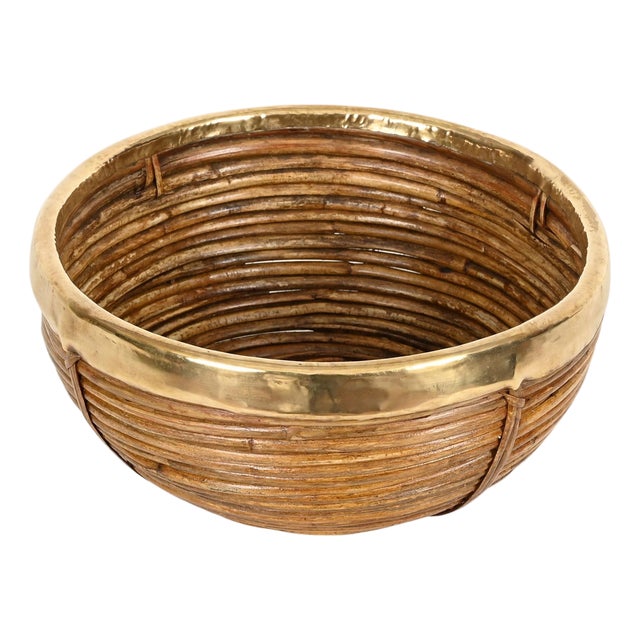 Decorative Bowl in Rattan and Brass, Italy, 1960s For Sale