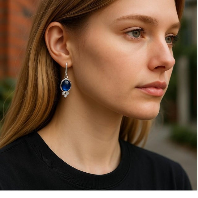 14k Gold Lever Back Earrings With 4.15 Carat Cabochon Sapphire and Diamond, A Pair For Sale In New York - Image 6 of 9