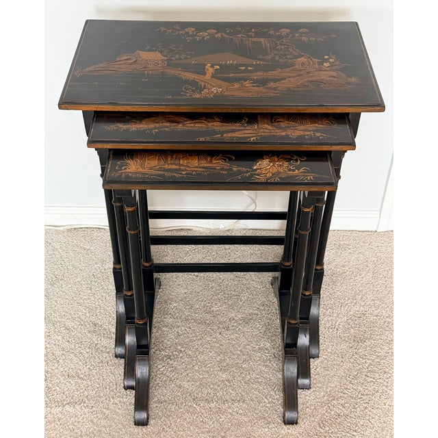 Chinoiserie Black Lacquered Chinoiserie Nesting Tables by Beacon Hill For Sale - Image 3 of 18