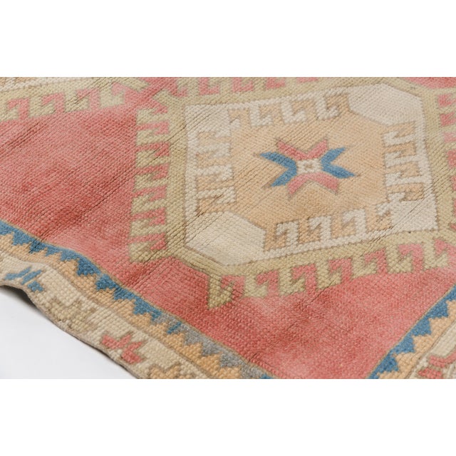 Mid 20th Century Faded Rose & Blue Geometric Motifs Rug For Sale - Image 4 of 11