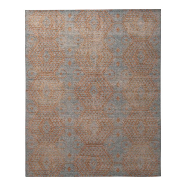 Rug & Kilim’s Oversized Honeycomb Rug in Blue and Burnt Orange, 14x20 For Sale