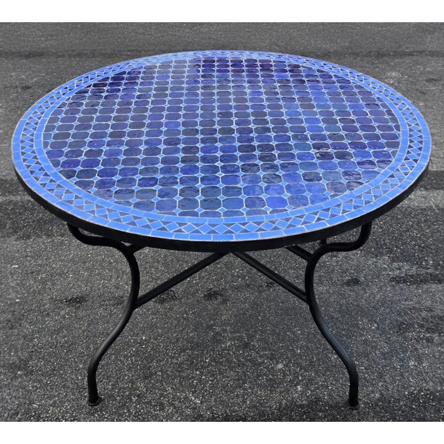Moroccan 48" Handcrafted 2 Shades of Blues Moroccan Mosaic Table For Sale - Image 3 of 7