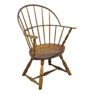 Antique French Country Colonial Chestnut Oak Wood Small Bowed Windsor Arm Chair For Sale