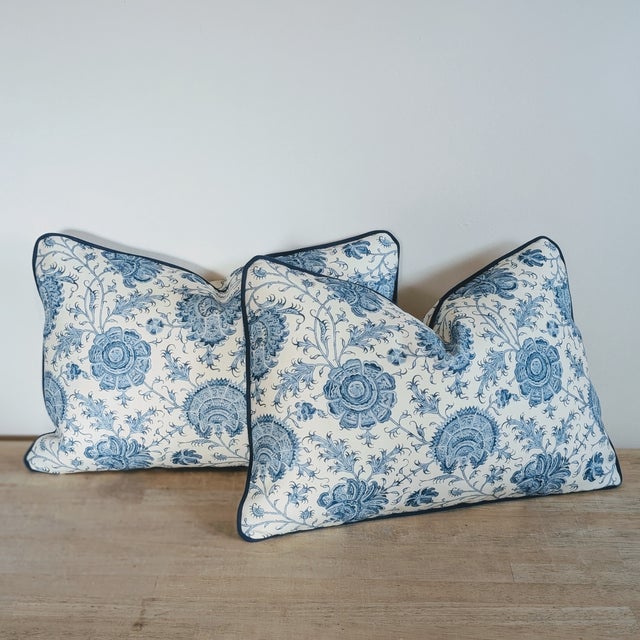 Lee Jofa Indiennes Floral Lumbars in Delft With Blue Cord For Sale In Greensboro - Image 6 of 7