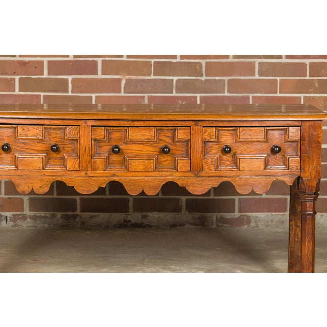 Brown English Oak 19th Century Geometric Front Dresser Base with Three Drawers For Sale - Image 8 of 12