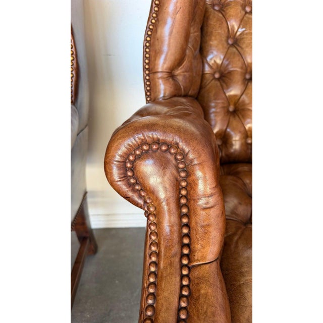 Brown Georgian Wingback Armchairs, Leather Upholstery, Circa 1940s For Sale - Image 8 of 17