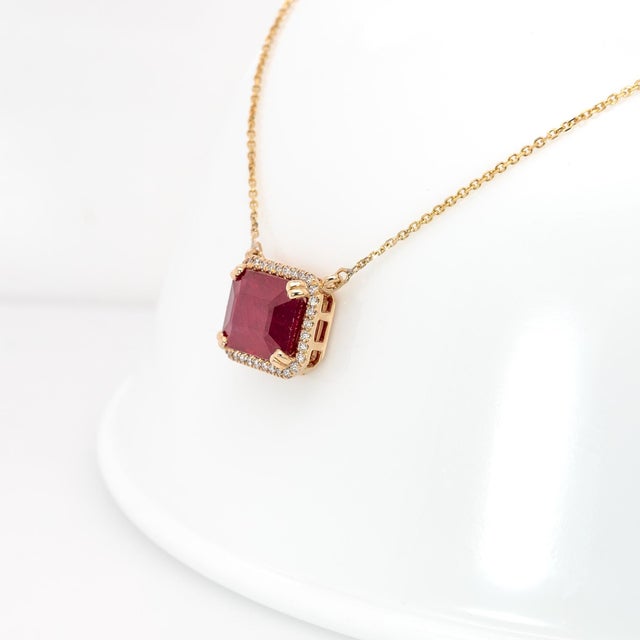 Metal Ruby Pendant Necklace With Attached Chain, Natural Diamonds Halo: Solid 14k Gold For Sale - Image 7 of 7
