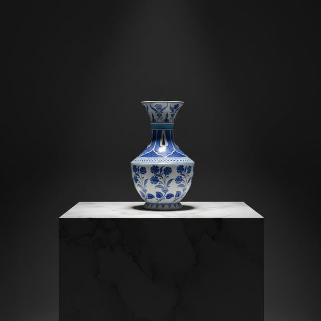 Ceramic Handmade Ceramic Vase (30cm) Large Blue & White Floral Art with Geometric Neck Design – Tall Statement Decor For Sale - Image 7 of 7