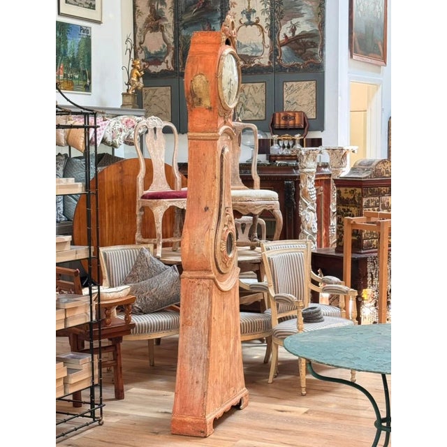 Salmon Swedish Mora Clock With Carving and Elegant Lyre-Form Case For Sale - Image 8 of 9