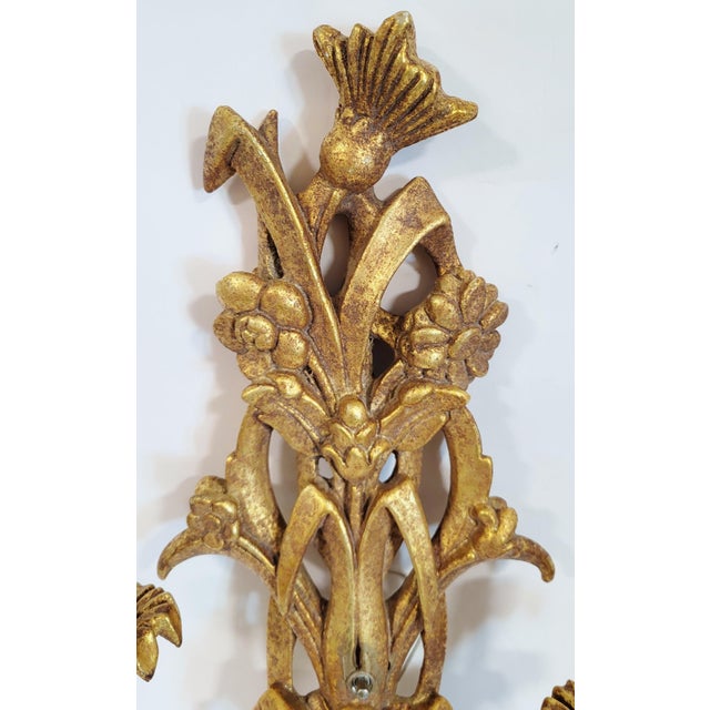 Mid-Century Modern Vintage Italian Mid-Century Modern Metal & Gilt Carved Wood Floral Wall Sconce For Sale - Image 3 of 9
