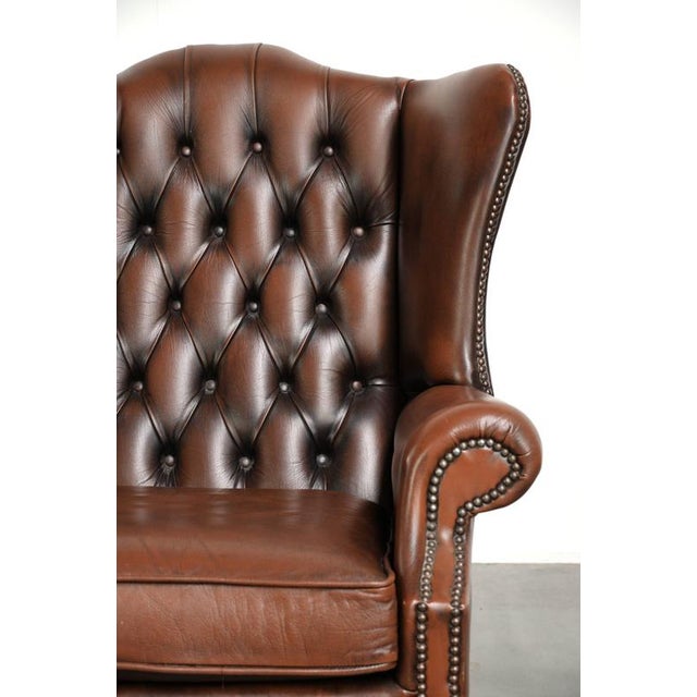 English Brown Cowhide Chesterfield Wing Lounge Chair For Sale - Image 9 of 13