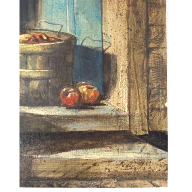This is a very finely painted picture on artist board of a basket of ripe apples in a rustic basket seated on a doorstep.