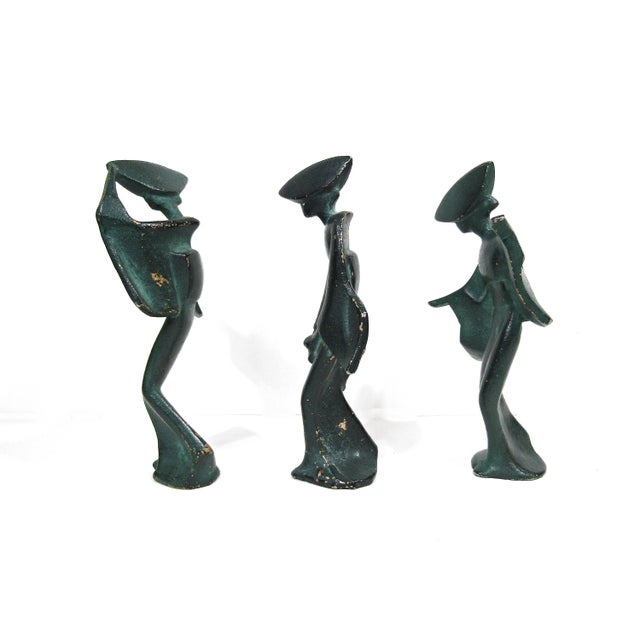 Japanese Set of 3 Mid-Century Japanese Verdigris Awa Odori Geisha Dancer Figurines in Cast Iron For Sale - Image 3 of 8