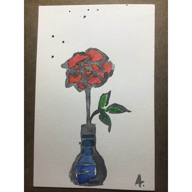 Contemporary "Red Rose, Blue Vase" Original Small Watercolor Painting by Auker For Sale - Image 3 of 3