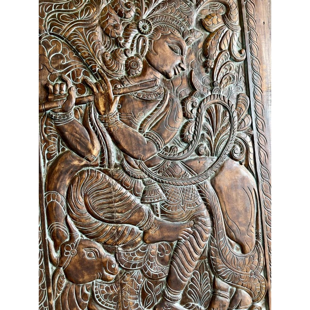 1920s Vintage Indian Hand-Carved Krishna Temple Door – Ornate Barn Door With Fluting 84x41 For Sale In Orlando - Image 6 of 8