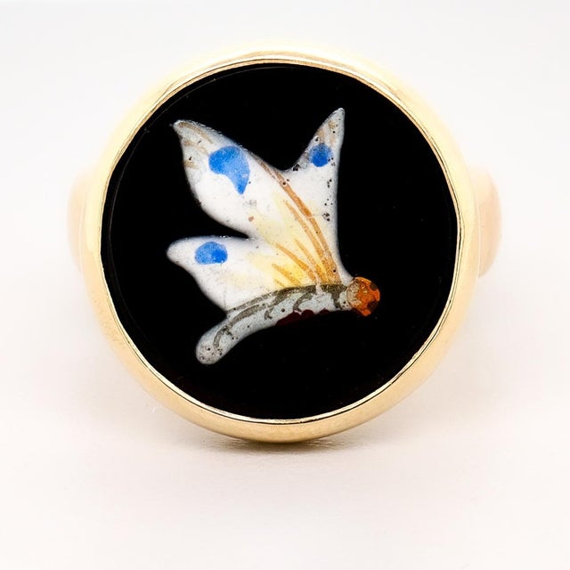 Vintage 9k Yellow Gold & Enamel Butterfly Signet Style Ring For Sale In Philadelphia - Image 6 of 12