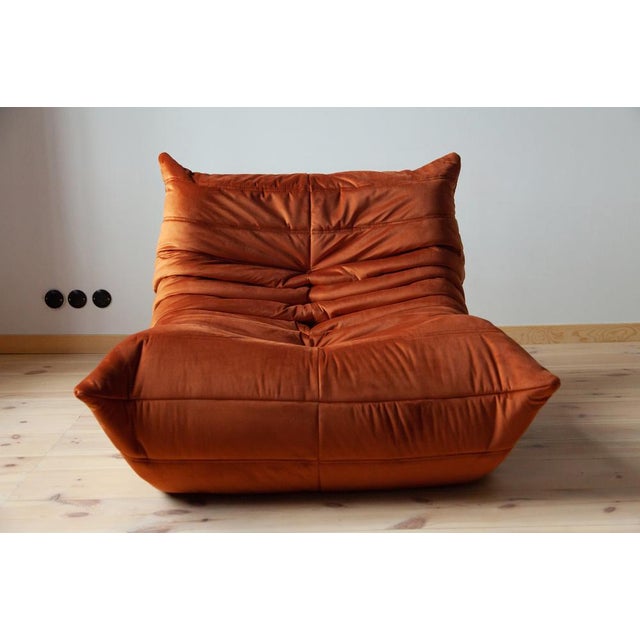 Orange Amber Orange Velvet Togo Lounge Chair with Pouf and 3-Seat Sofa by Michel Ducaroy for Ligne Roset, Set of 3 For Sale - Image 8 of 13