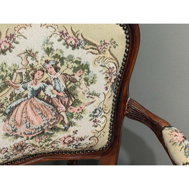 1950s French Louis XV Style Armchair Featuring a Carved Wood Frame and Needlepoint Tapestry Upholstery Depicting a Romantic Pastoral Scene For Sale - Image 6 of 6