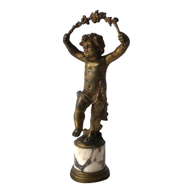 French Gold Gilt Bronze and Marble Male Sculpture, 19th C France For Sale