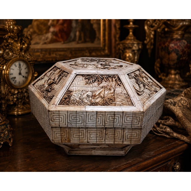 Beige Late 19th Century Large Chinese Carved Bone Hexagonal Jewelry Casket Box With Figural Panels & Fitted Interior For Sale - Image 8 of 8