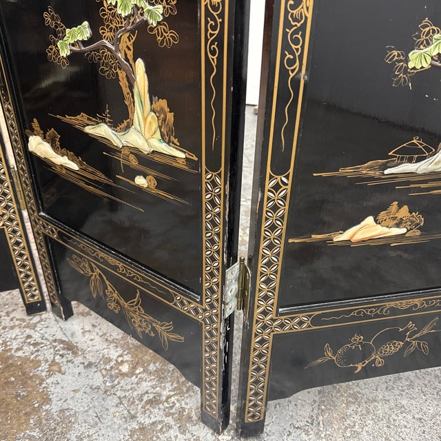 Chinoiserie Black Lacquer Four-Panel Folding Screen, Vintage For Sale - Image 12 of 12