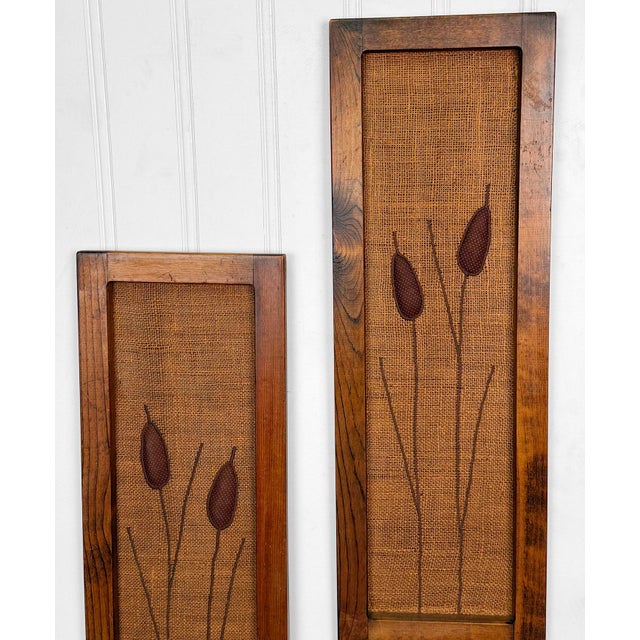 Wood Mid-Century Embroidered Burlap Cattail Framed Wall Art - A Pair For Sale - Image 7 of 11