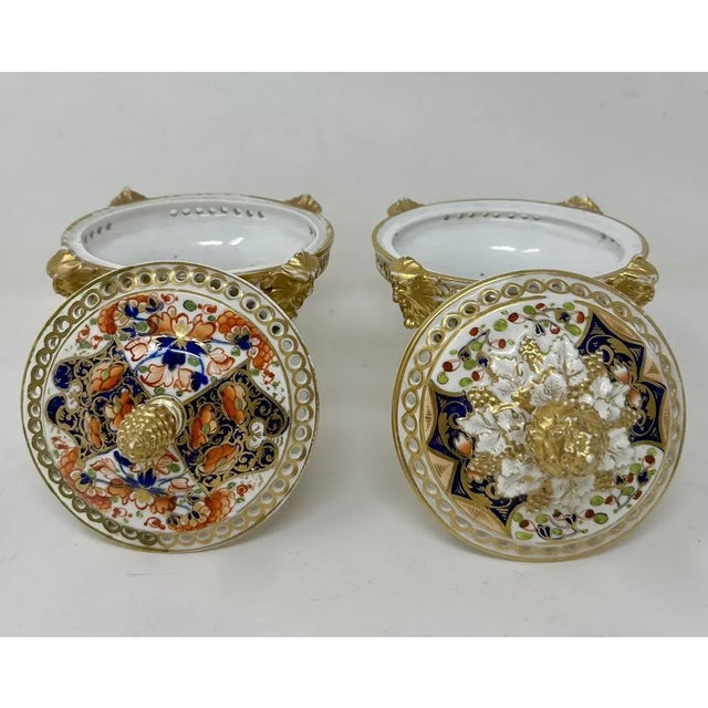 Ceramic Antique Regency English Crown Derby Pair Urns Vases Pot Pourri Centerpieces 1815 For Sale - Image 7 of 11