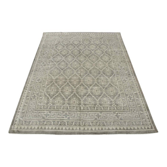 Modern Rug 8'2'' X 9'10'' Gray Wool Geometric Hand-Knotted Oriental Carpet For Sale