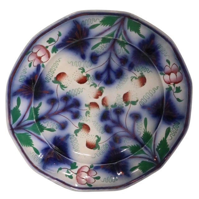 Ceramic Antique Gaudy Welsh Blue Strawberry Ironstone Plate C. 1850's For Sale - Image 7 of 9