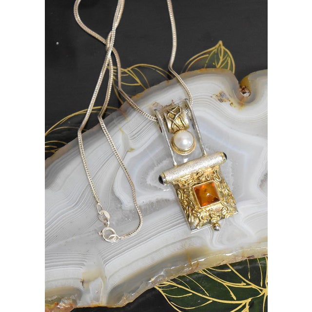 Artisan Sterling Silver Amber Pearl Pendant Necklace Unique artisan piece hand crafted with Amber, Pearl and Garnets. 2...