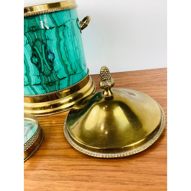 1960s Vintage Aldo Tura Style Hollywood Regency Malachite & Brass Ice Bucket & Bottle Coaster Set / Barware For Sale - Image 5 of 8