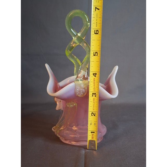 Victorian Antique Stevens & Williams Art Glass Basket - Pink Opalescent Cased Glass - Applied Flower & Stem - Uranium Vaseline Glass Handle - Circa 1880s For Sale - Image 3 of 18