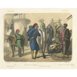 After Fossey, Egyptian Street Scene with Fellahs, Soldiers, and Snake Charmers, 1845, Lithograph For Sale